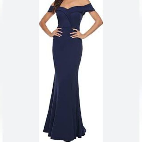 JARLO London Navy Cold Shoulder Mermaid‎ Maxi Dress Lace Accent Size 8, NWT - Picture 3 of 10